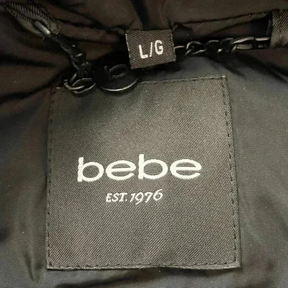 Bebe Long Quilted Winter Puffer Coat Faux Fur Trim Hood Black Size Large - Picture 16 of 16